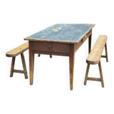 Farmhouse table and its 2 benches, living room table, wooden table with pair of wooden benches