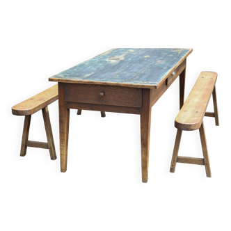 Farm table and its 2 benches, living room table, wooden table with pair of wooden benches