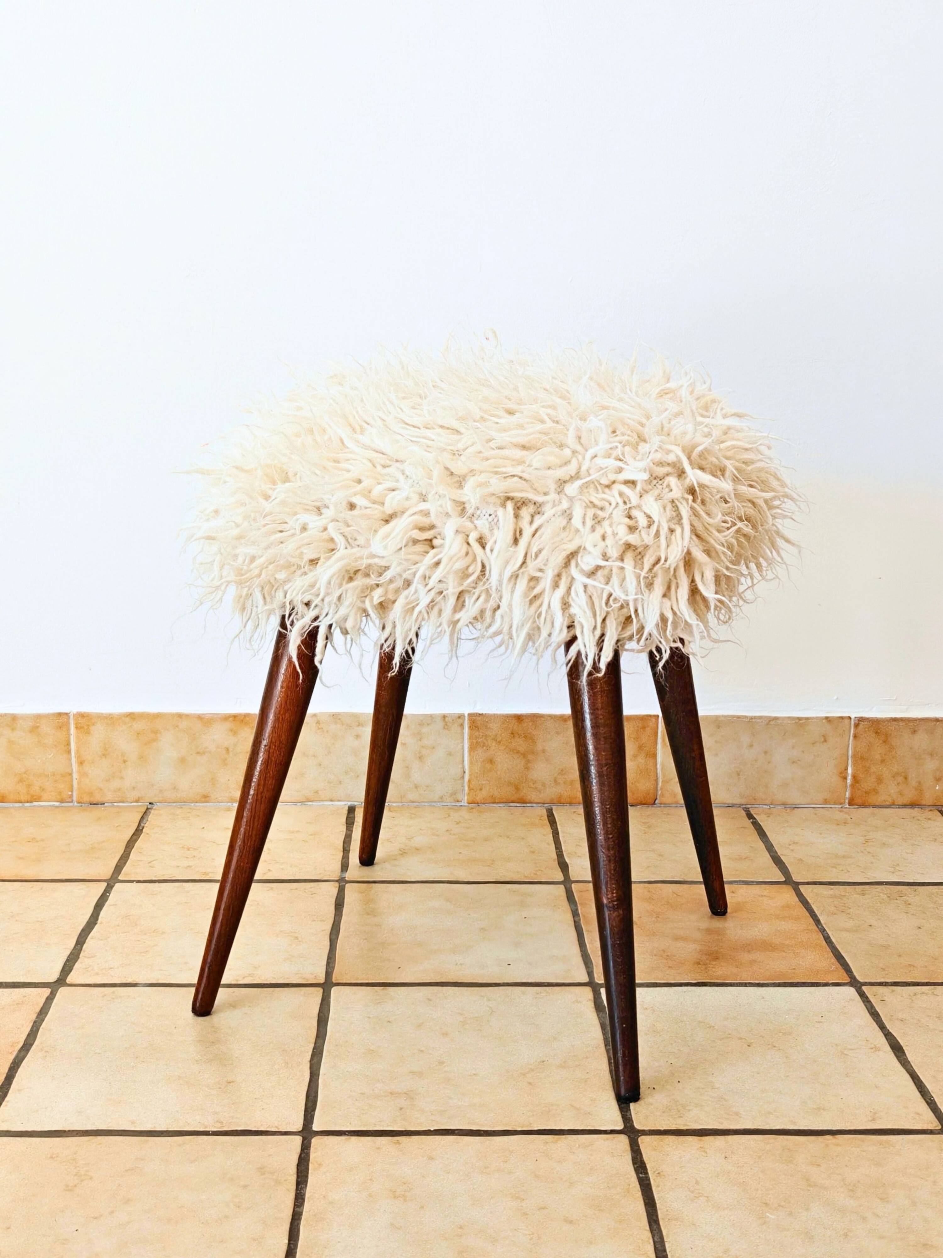 Mid-Century stool with splayed legs in genuine wool