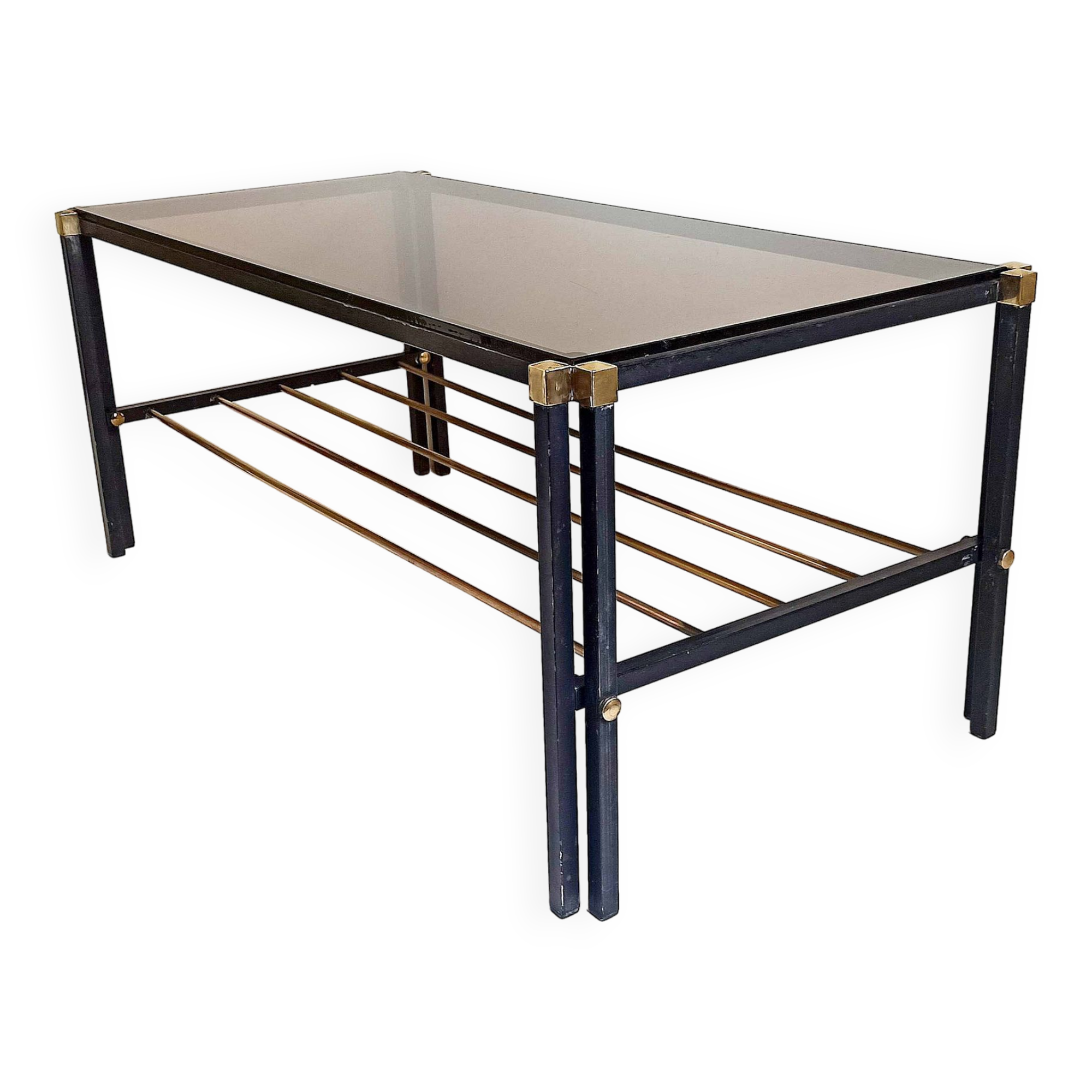 Magazine holder coffee table 1960s smoked glass, metal and brass Width 94.2 cm