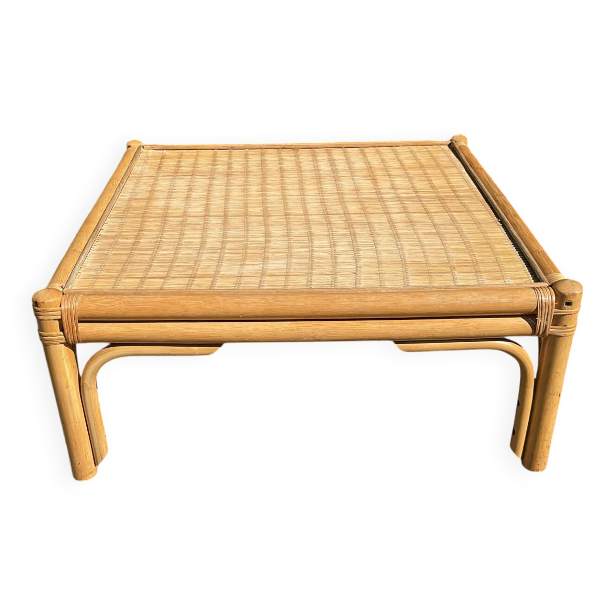 Table basse carrée en bois et rotin, années 70