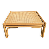 Table basse carrée en bois et rotin, années 70