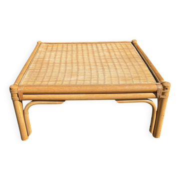 Vintage square coffee table in wood and rattan from the 70s.