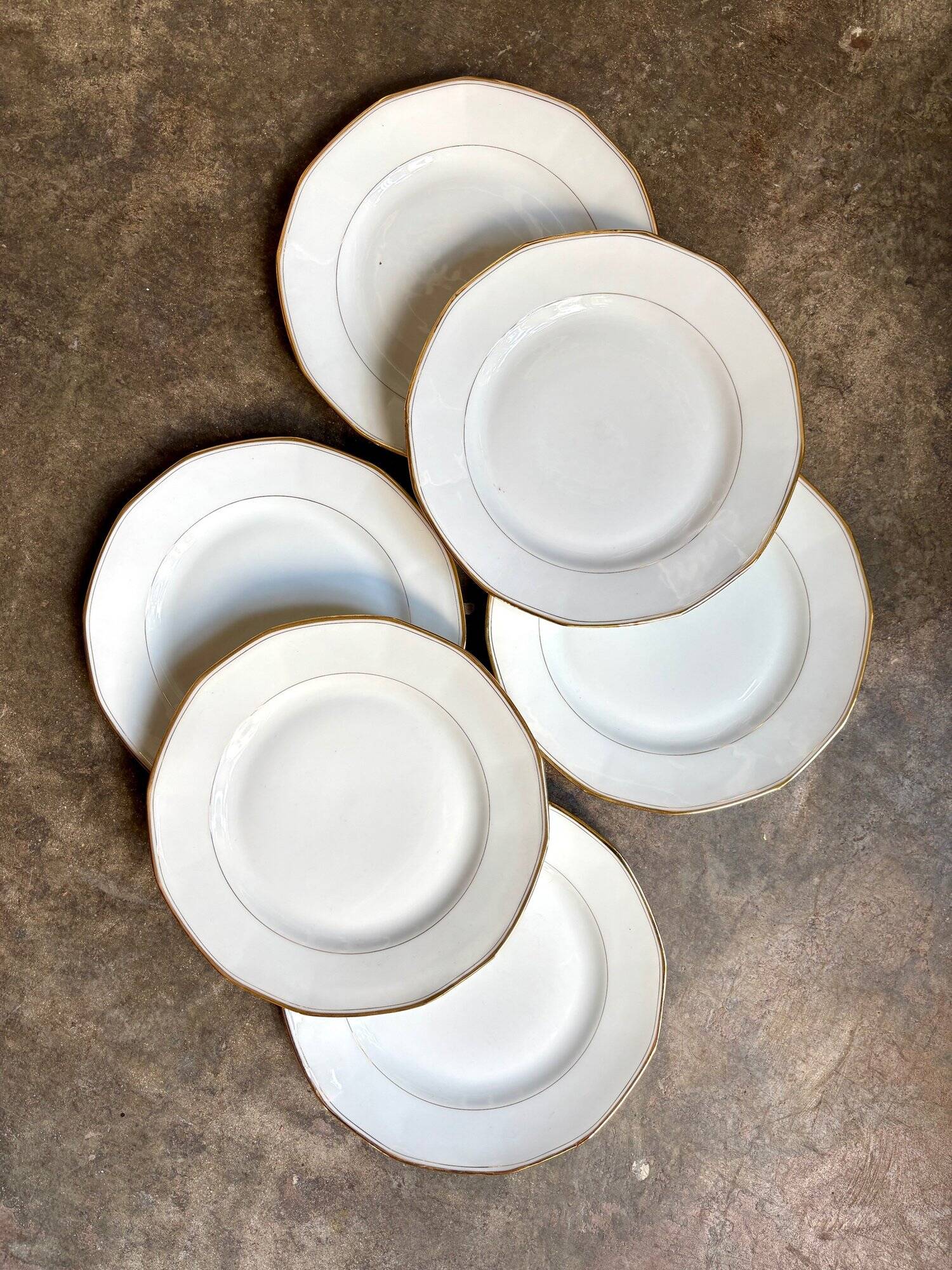6 CBCie white and gold porcelain dinner plates