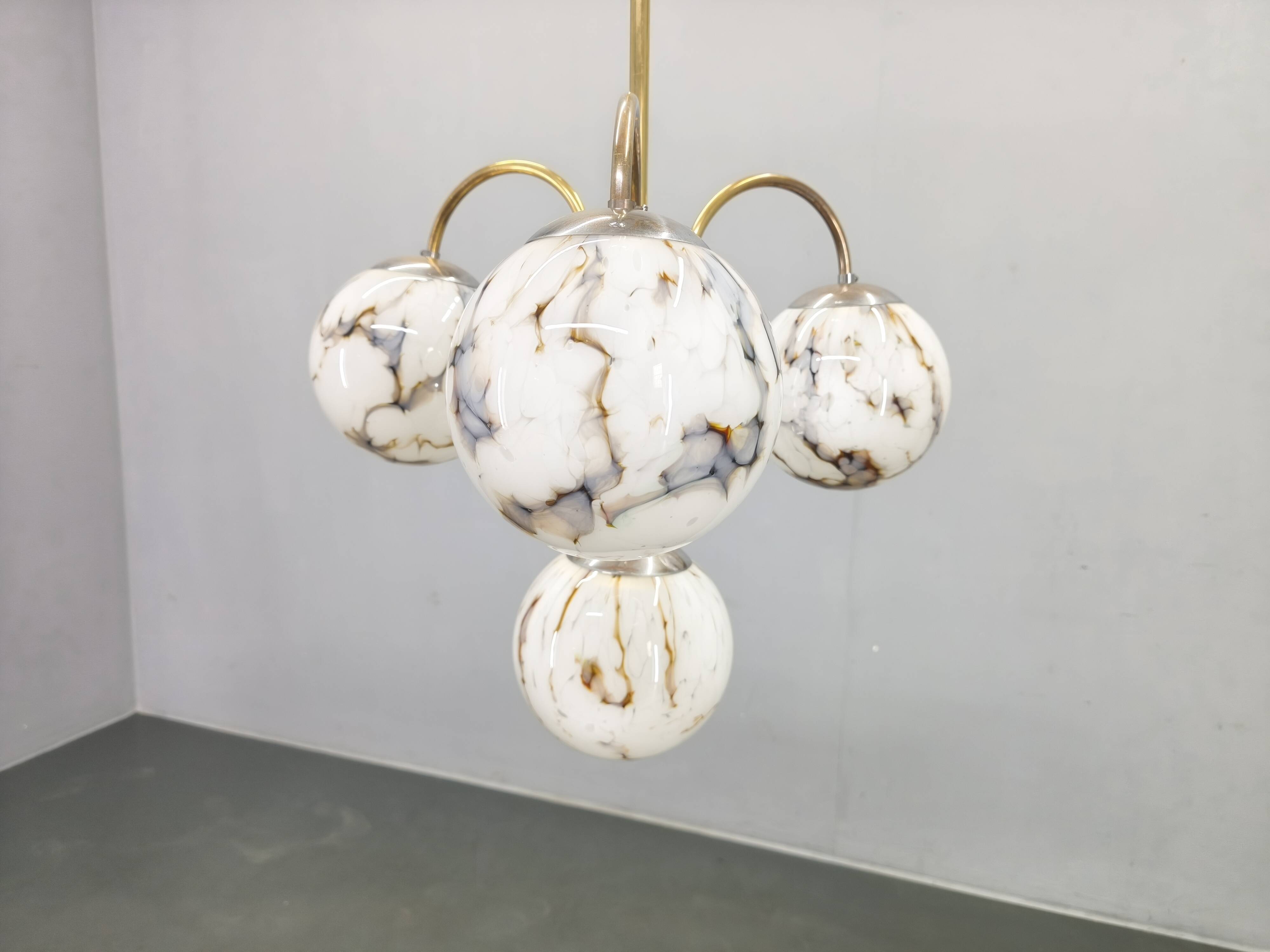 Art Deco Chandelier, Marble Glass, Brass & Chrome, 1930s