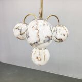 Art Deco Chandelier, Marble Glass, Brass & Chrome, 1930s