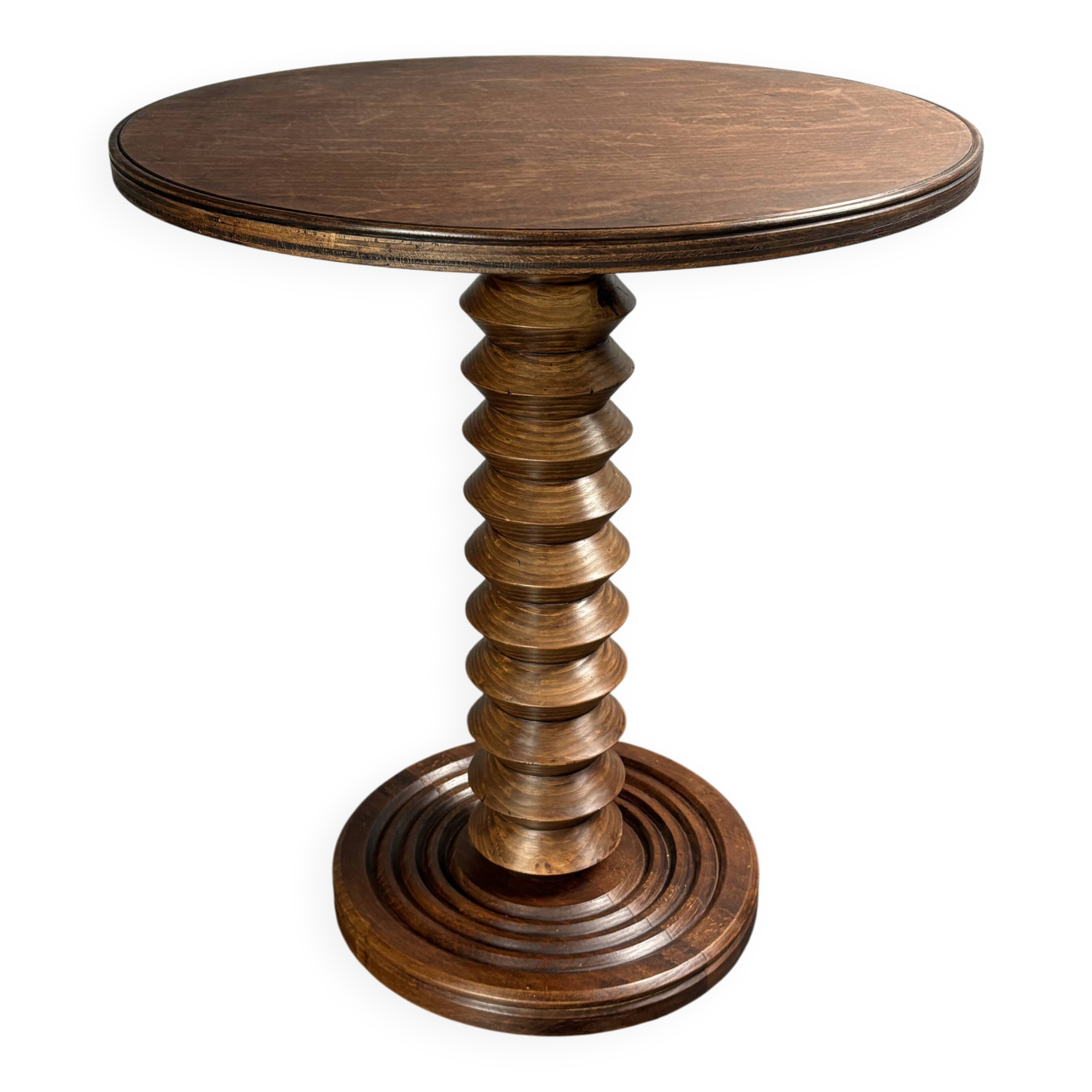 Midcentury brutalist wood turned side table, Charles Dudouyt style, 1950s