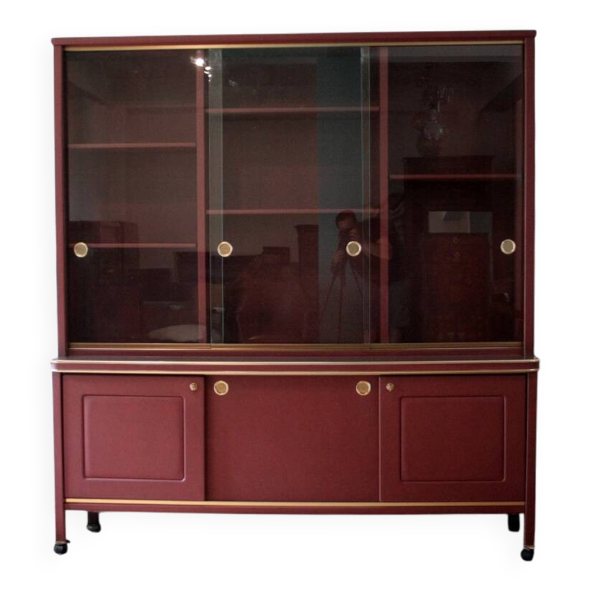 Crédence ou bibliothèque à deux sections recouverte de similicuir couleur Bordeaux