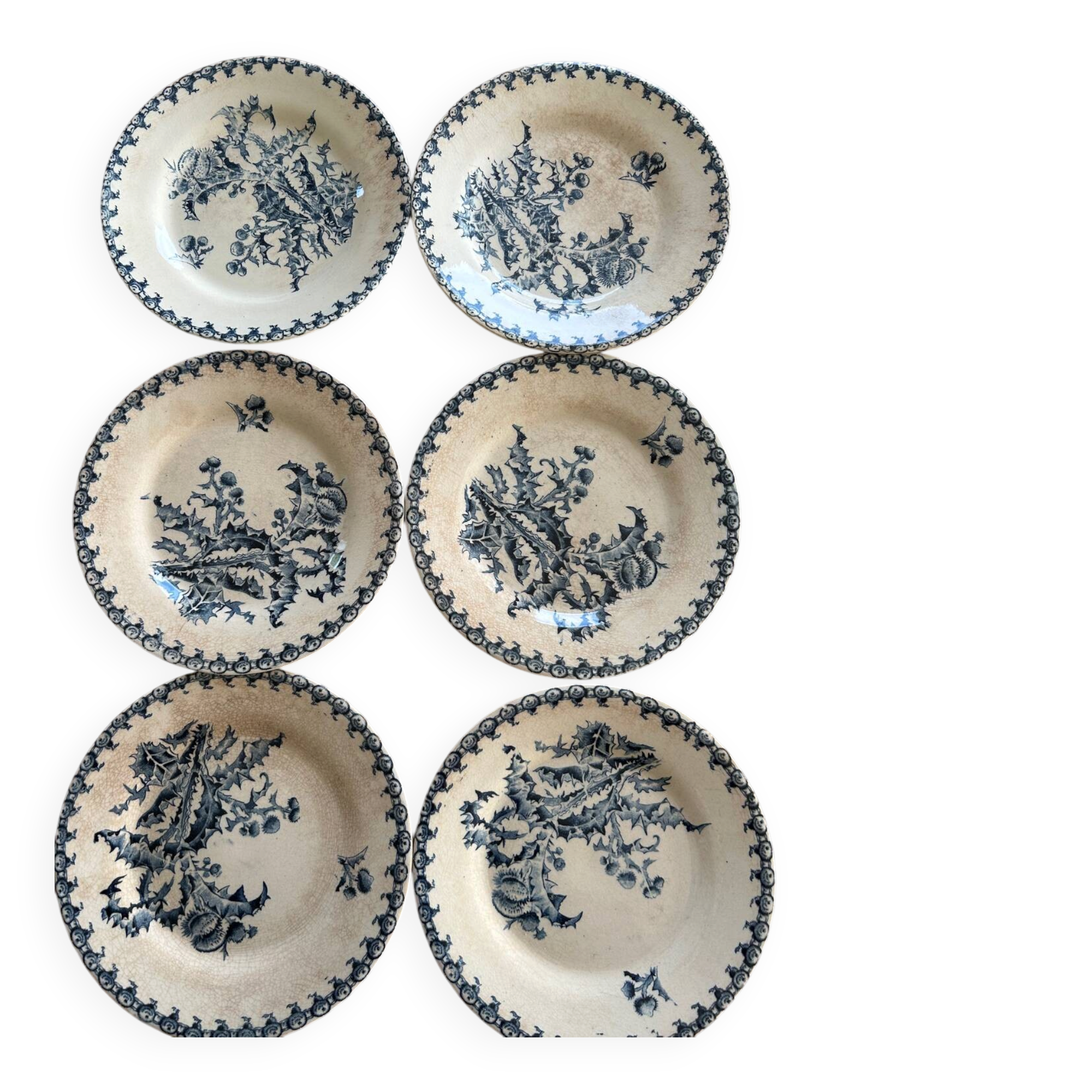 6 antique dessert plates, ironstone Gien Chardons