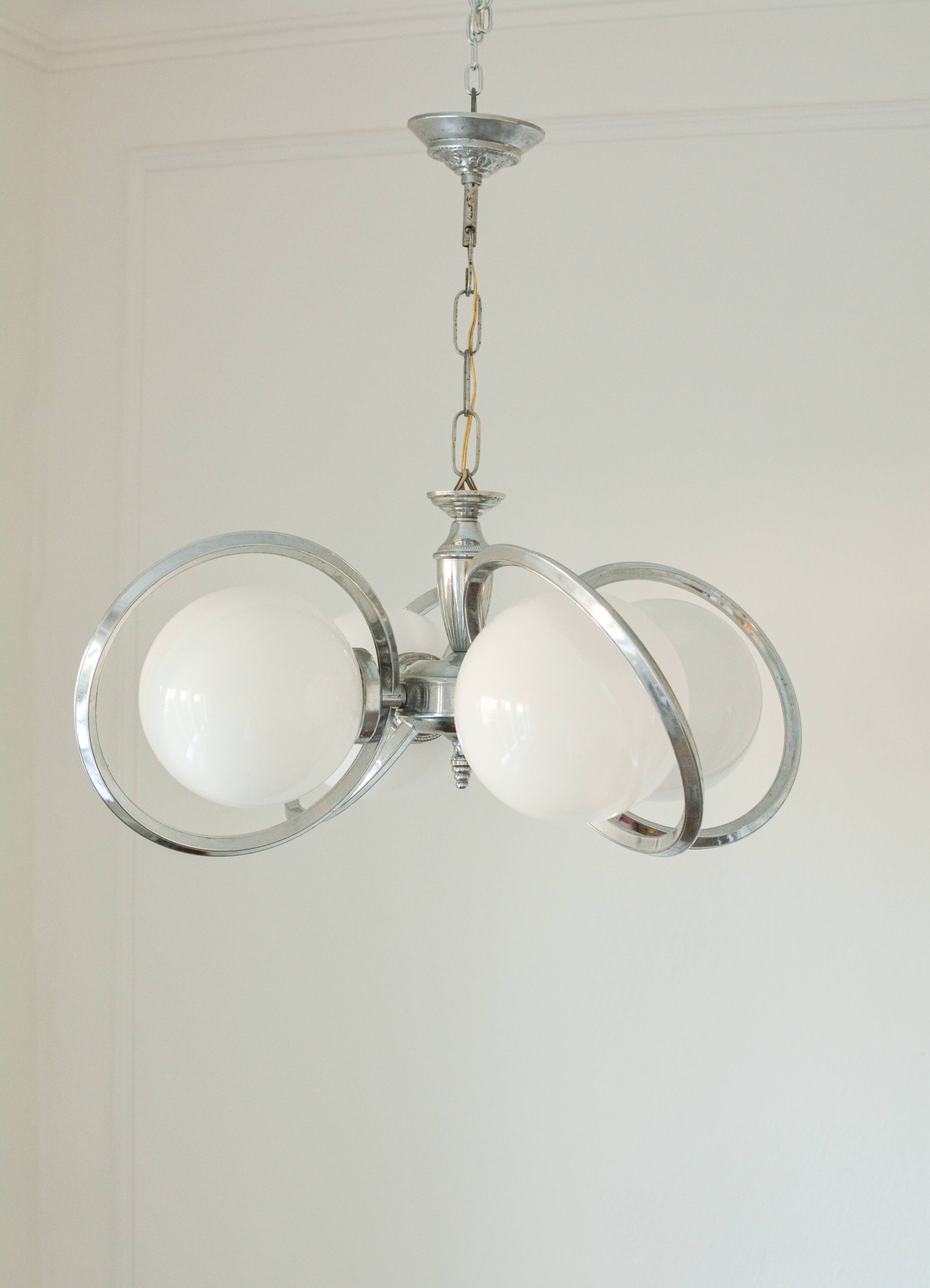 Vintage Space Age chandelier in opaline and chrome – 1970s