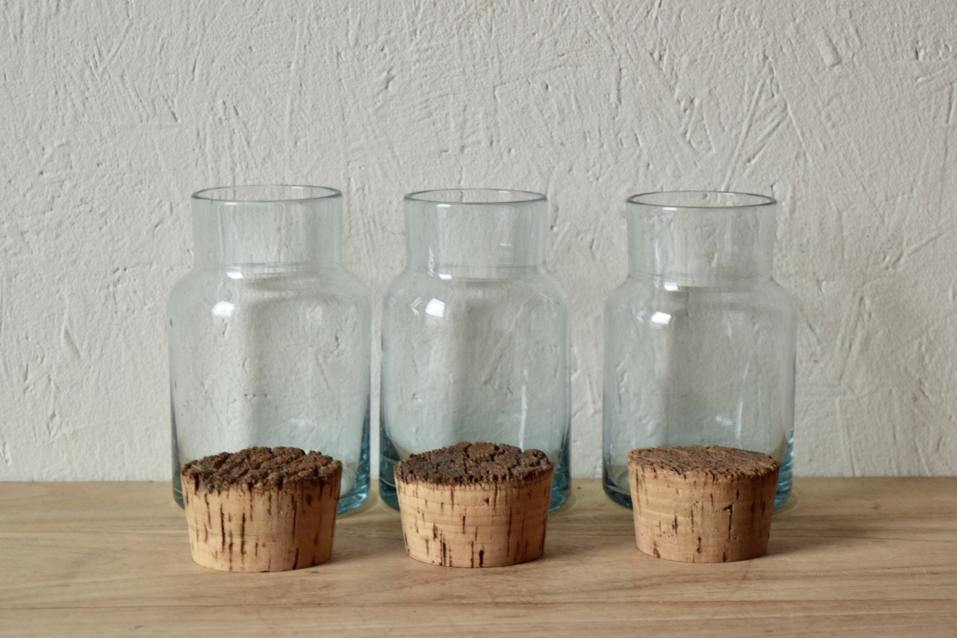 Set of 3 old blown glass pots and cork stoppers