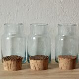 Set of 3 old blown glass pots and cork stoppers