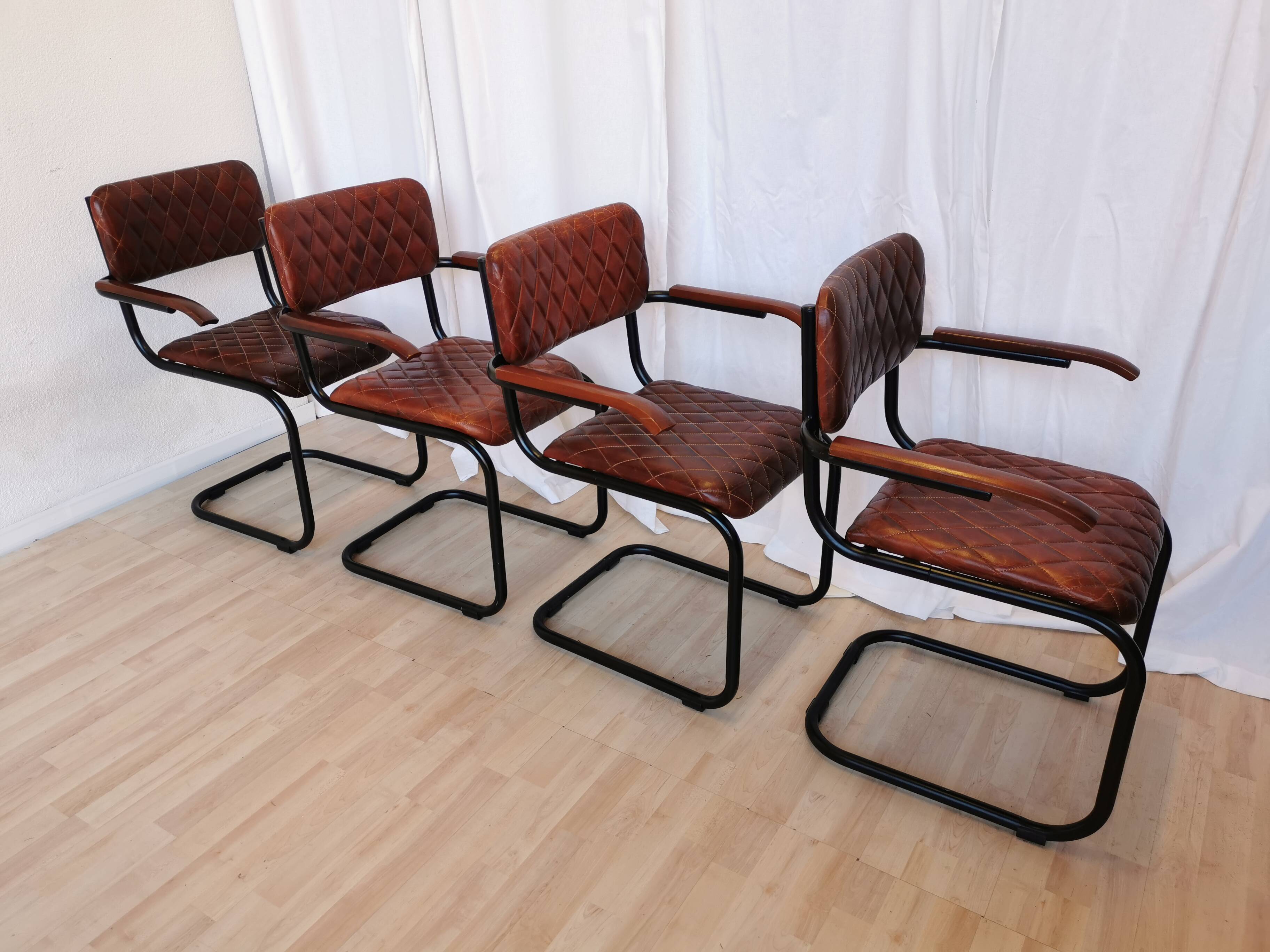 Set of 4 Vintage Quilted Leather Dining Chairs: Black Metal Base