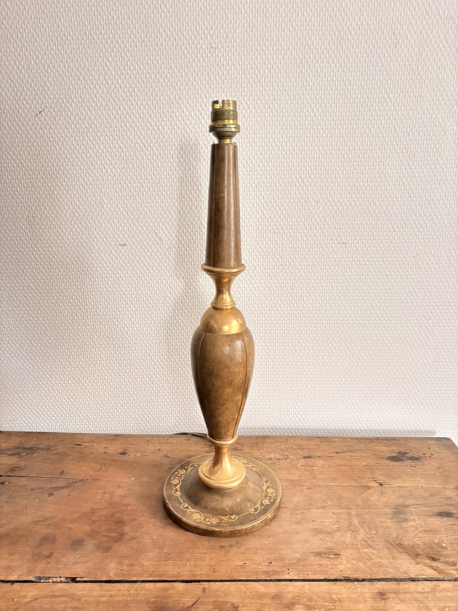 Ancien Pied Lampe Balustre Cuir Marron Gainé Dorure au Fer Année 50 70