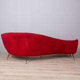 Large 1950s vintage curved sofa in red velvet italian design