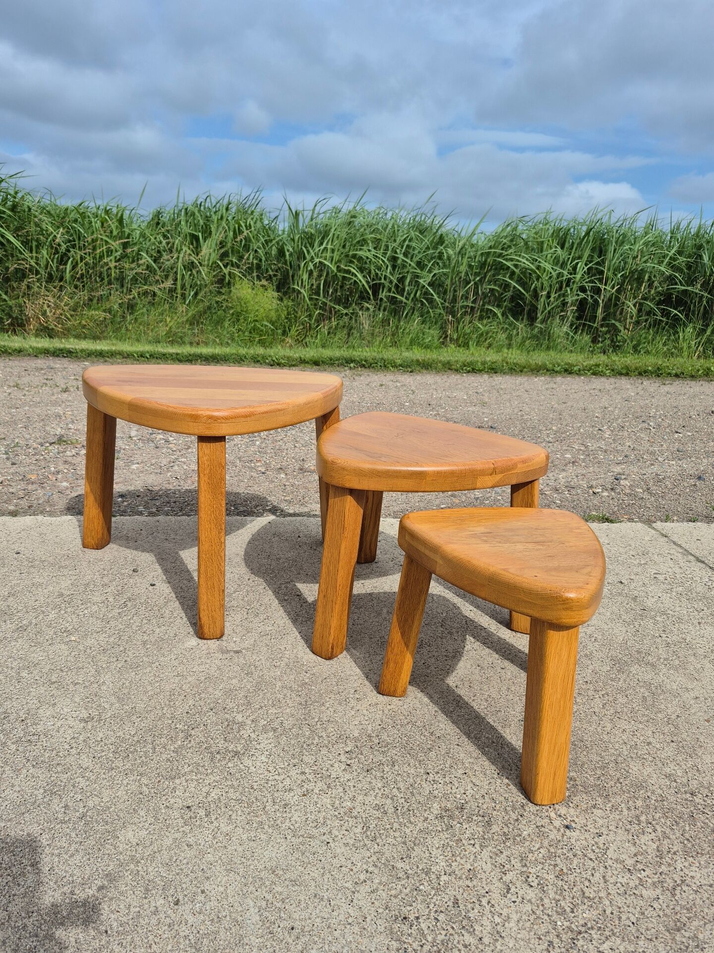 Set 3 Vintage brutalist oak side nesting tables triangular
