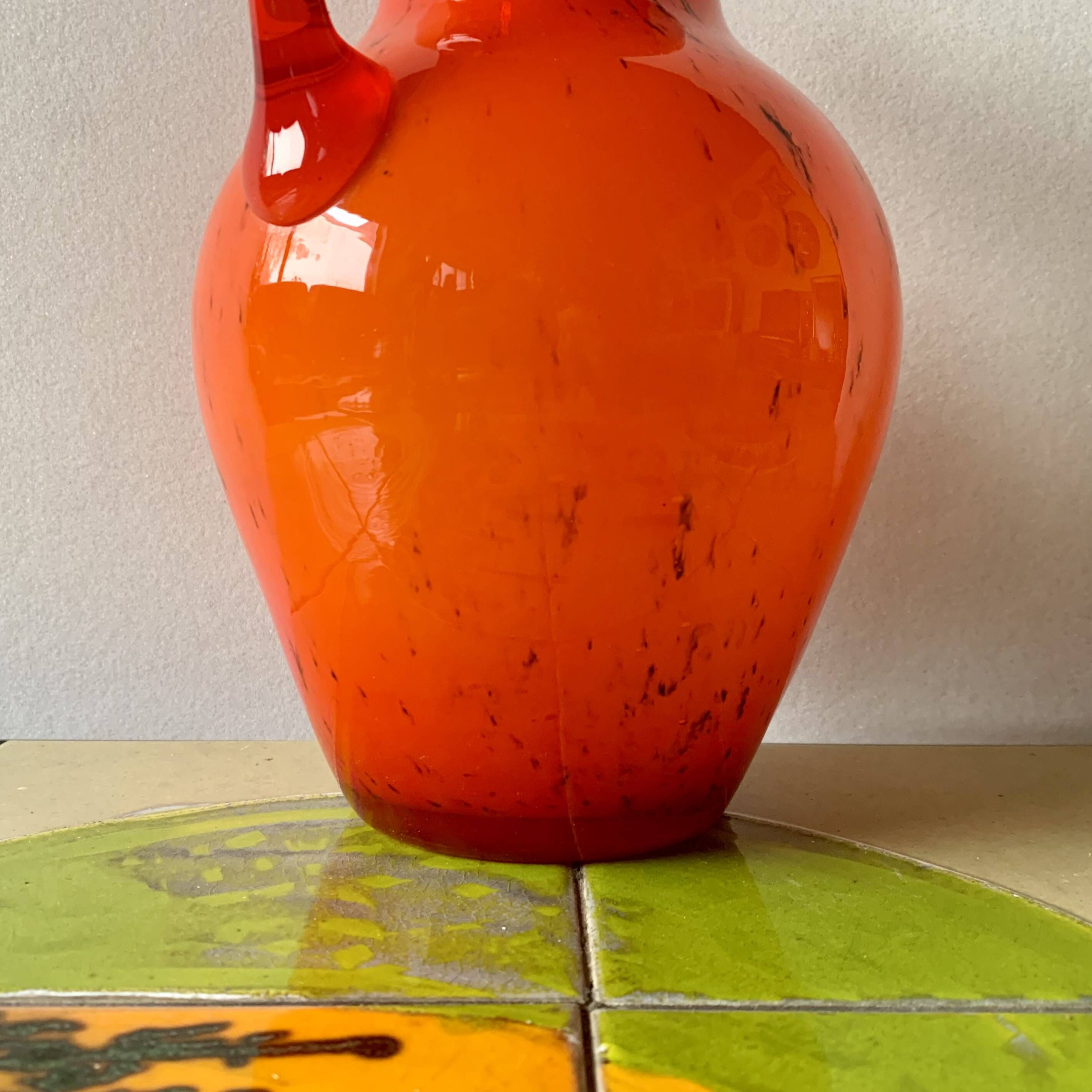 Vintage vase or pitcher in orange blown glass - Made in Italy