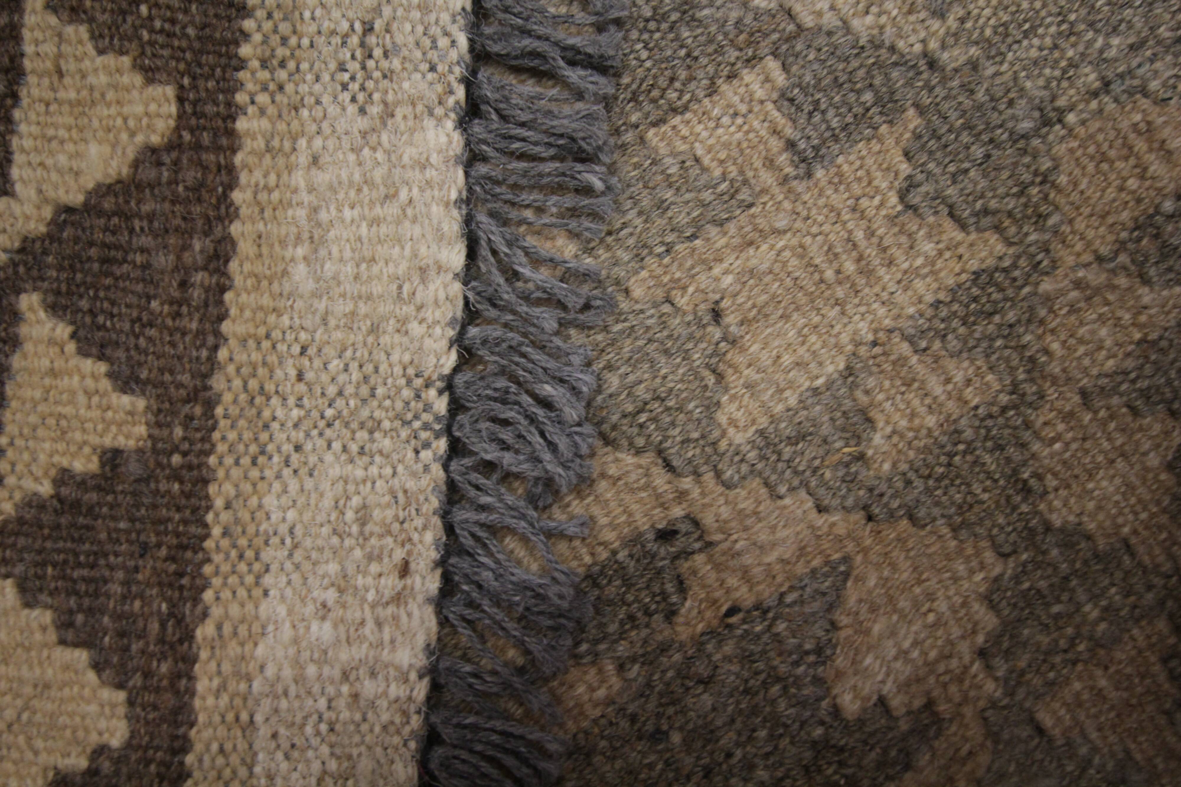 Brown & Khaki Geometric Kilim Rug, Handwoven Wool Carpet 302 x 239 cm