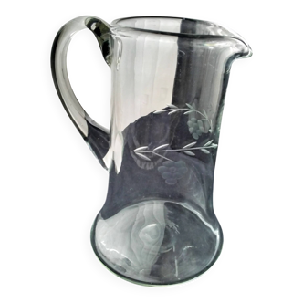 Water carafe, blown glass jug, etched design 1L