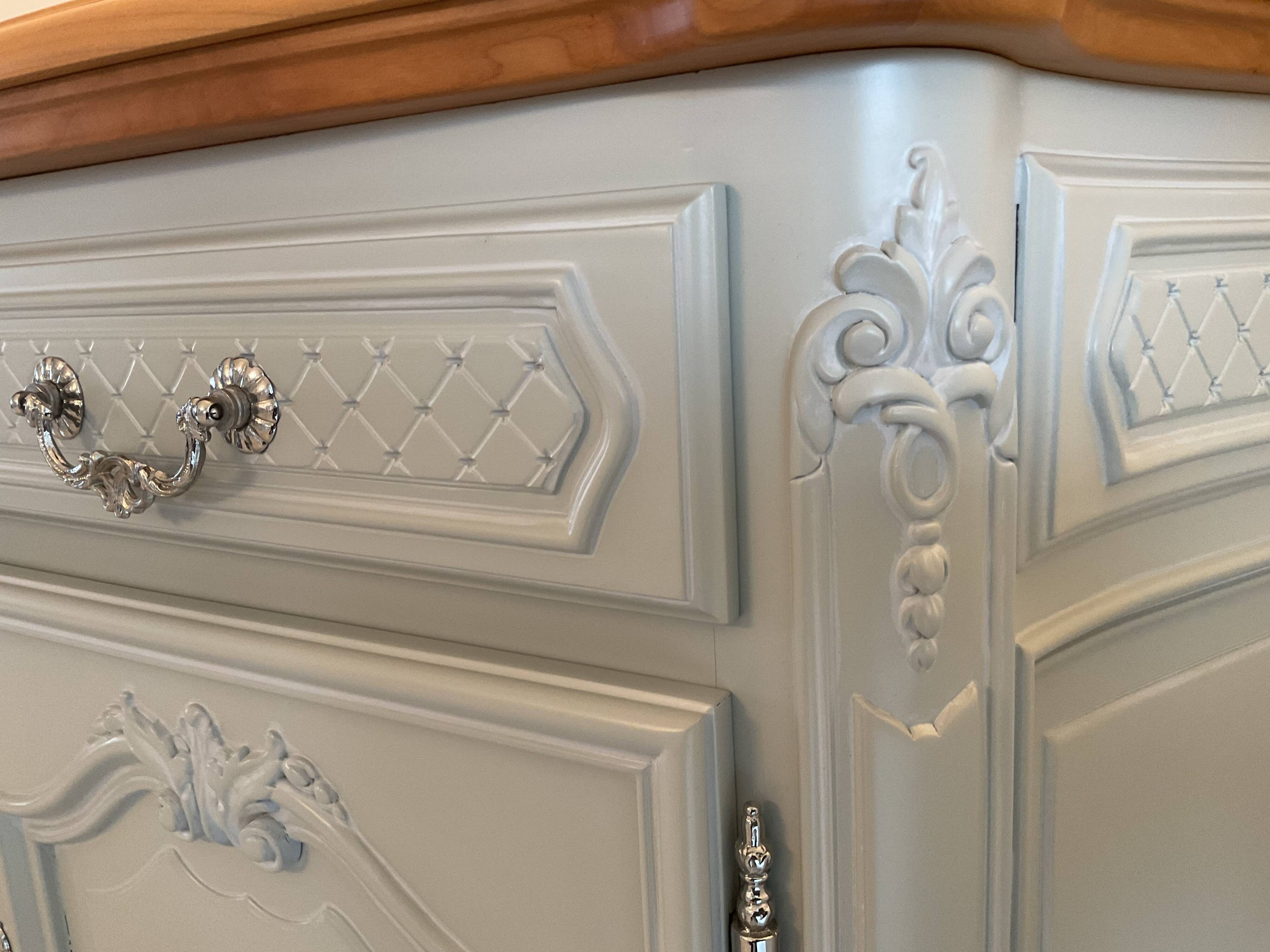 Louis XV buffet in grey patinated solid cherry wood in the Gustavian style.