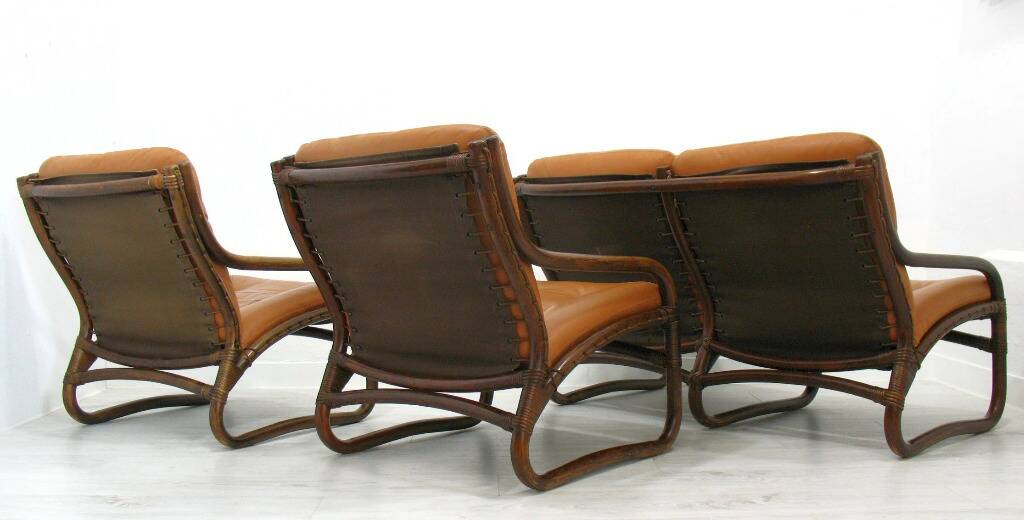 Italian Bamboo, Rattan, and Leather Living Room Set, 1970s