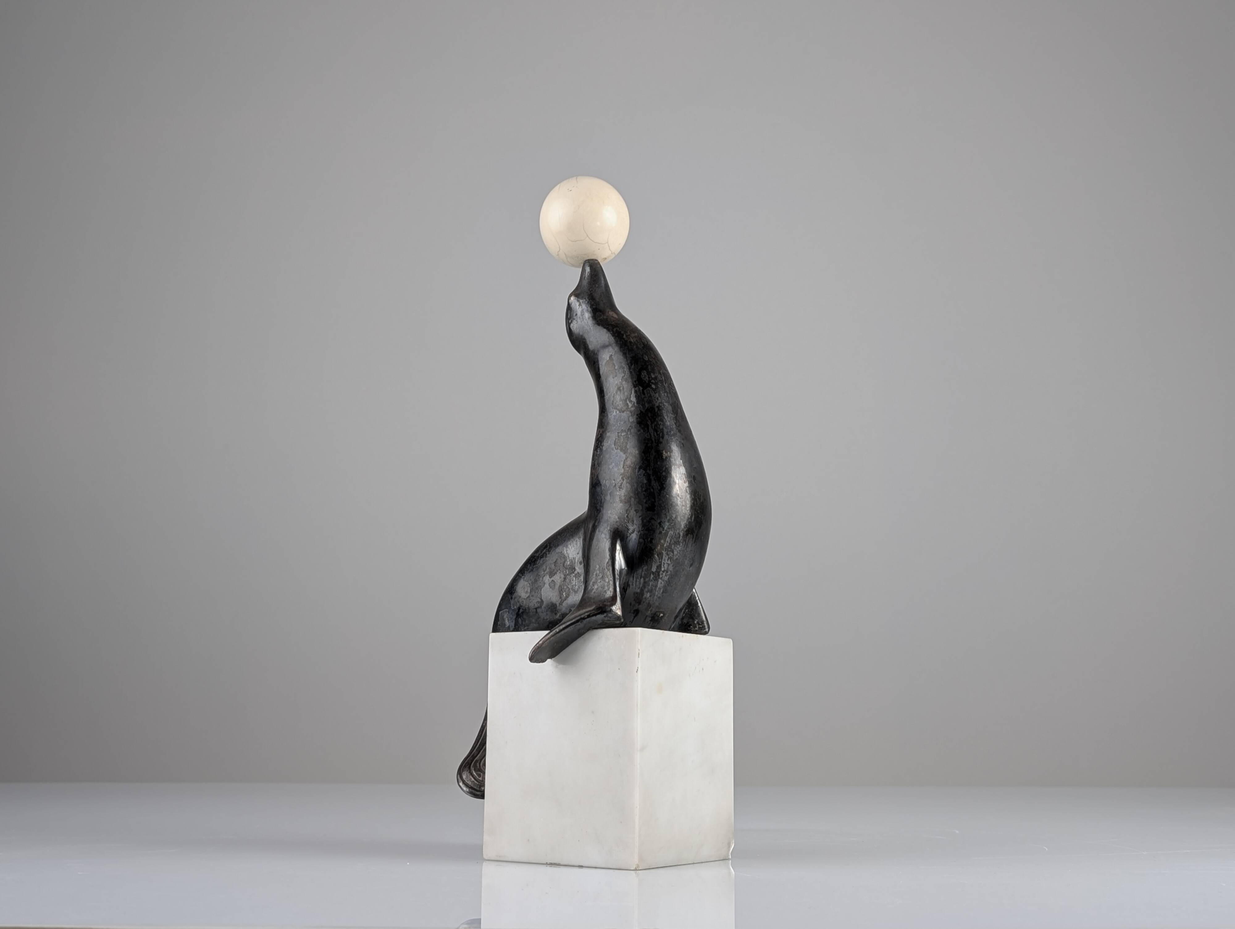 Art Deco Chryselephantine Sculpture Sea Lion att. Marcel-André Bouraine, 1900s