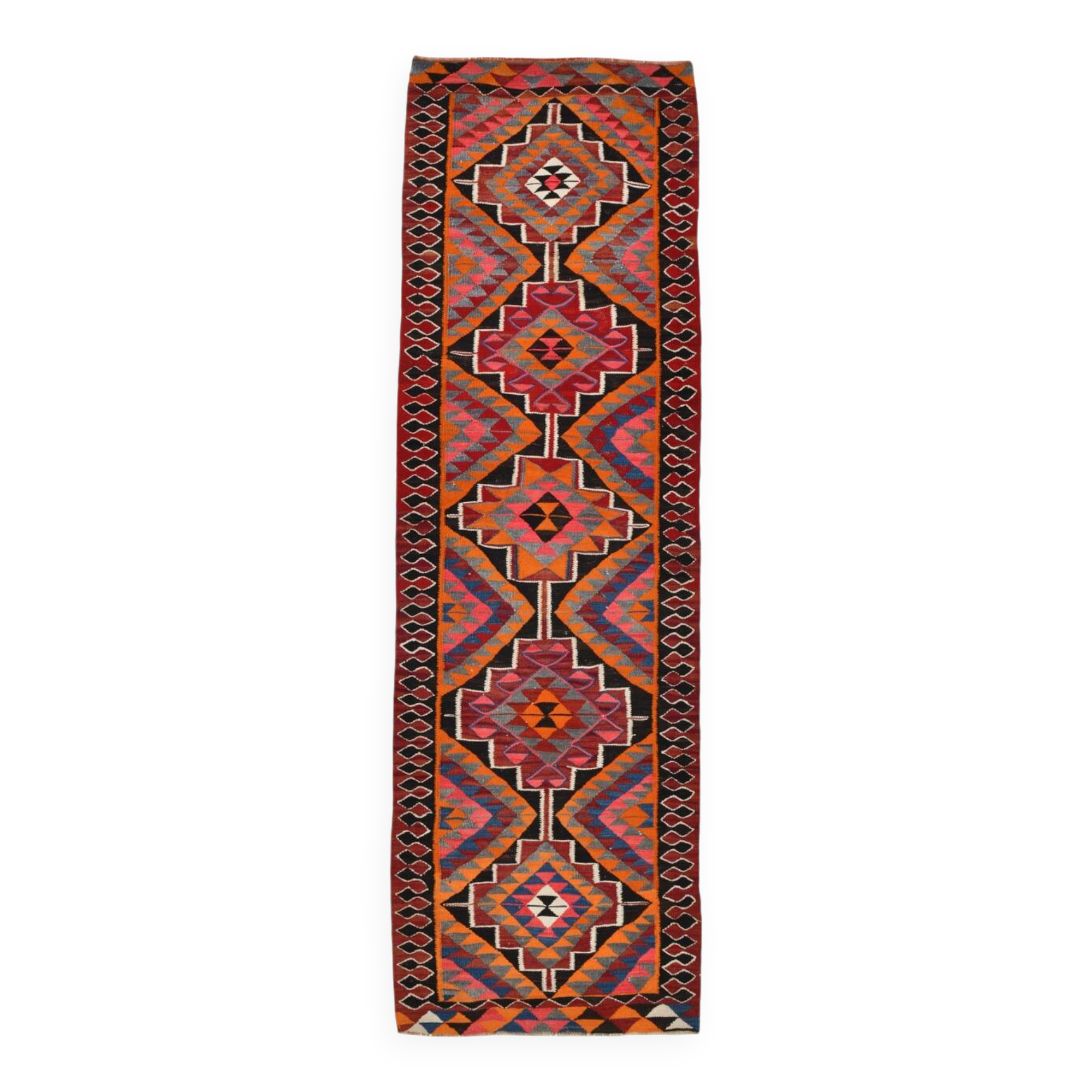 Red & Orange Oriental Kilim Runner Rug, 105x340Cm