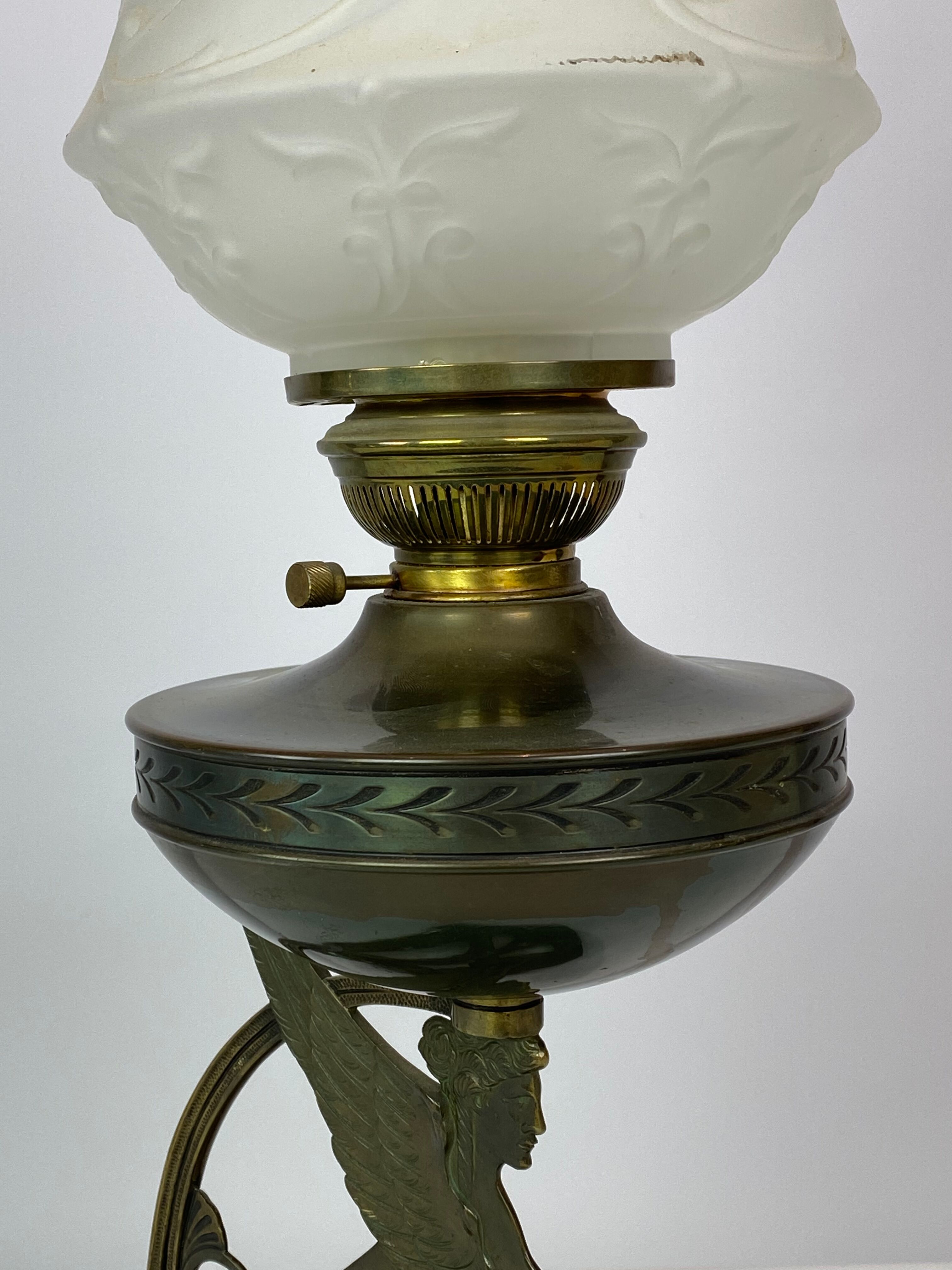 Kerosene lamp in the style in Art Noveau of burnished brass, 1920s