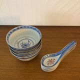 4 rice bowls "grains of rice" and 6 porcelain spoons