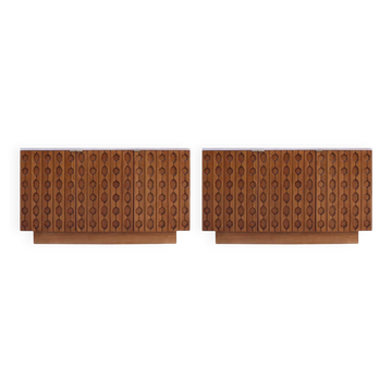 Contemporary Pair of Italian Sideboards Made of Solid Wood and Travertine