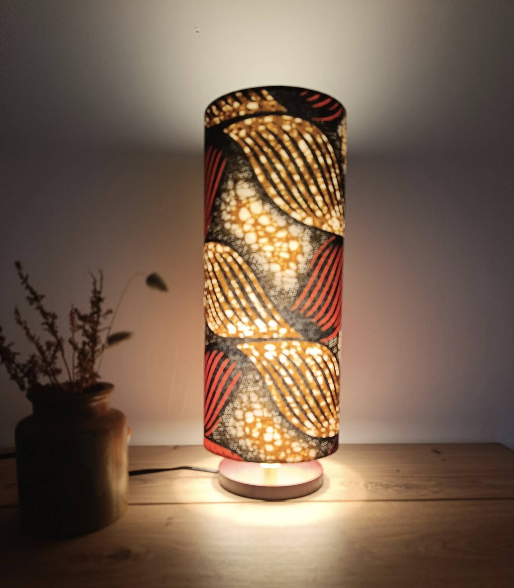 tube lamp wooden base | wax fabric boho-ethnic chic