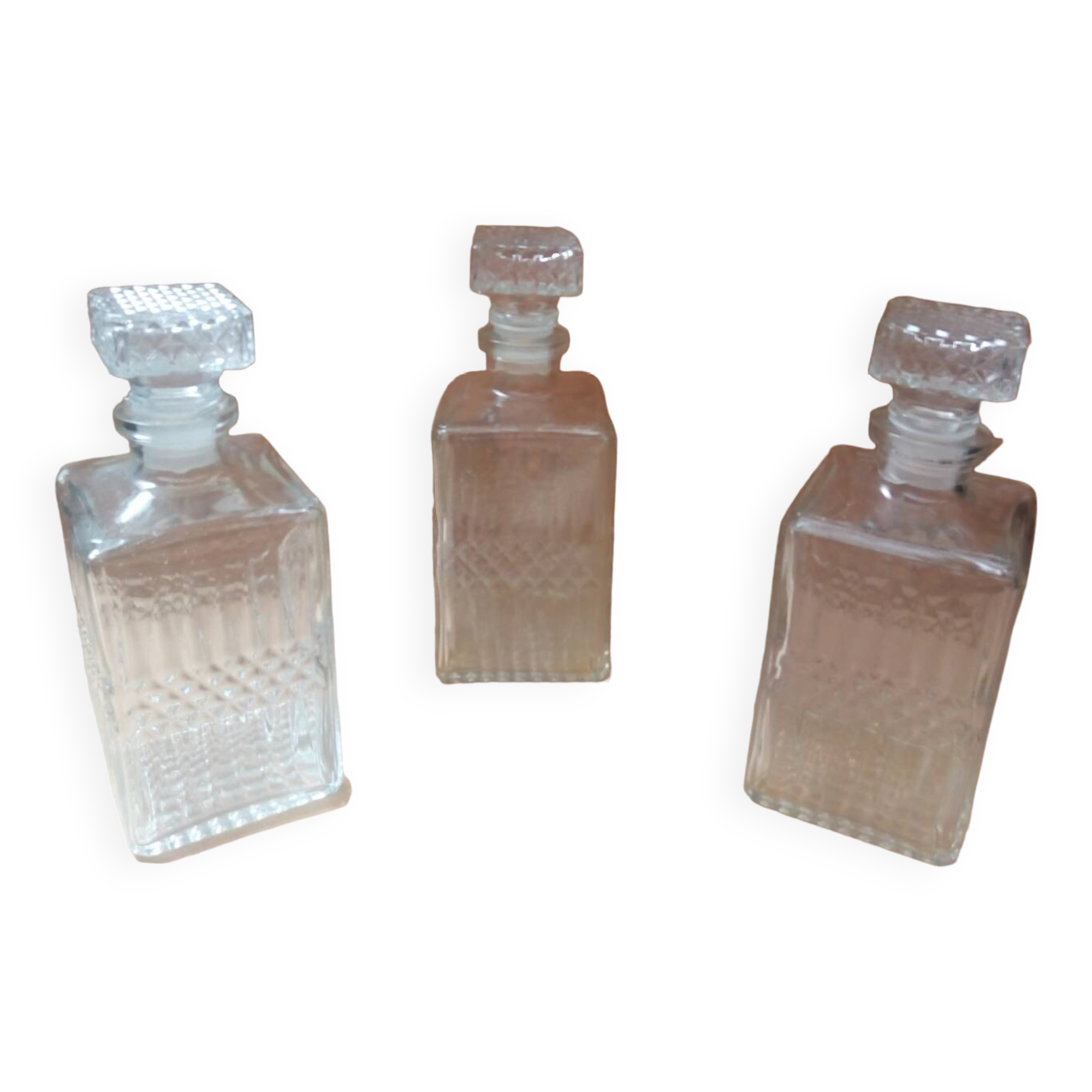 Set of 3 molded glass whiskey liqueur carafes + vintage stoppers