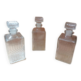Set of 3 molded glass whiskey liqueur carafes + vintage stoppers