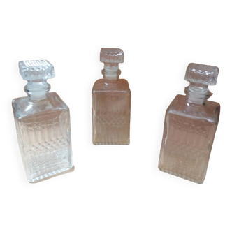 Set of 3 molded glass whiskey liqueur carafes + vintage stoppers