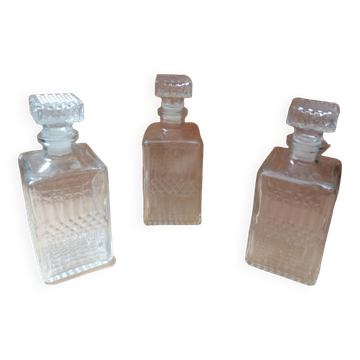Set of 3 molded glass whiskey liqueur carafes + vintage stoppers