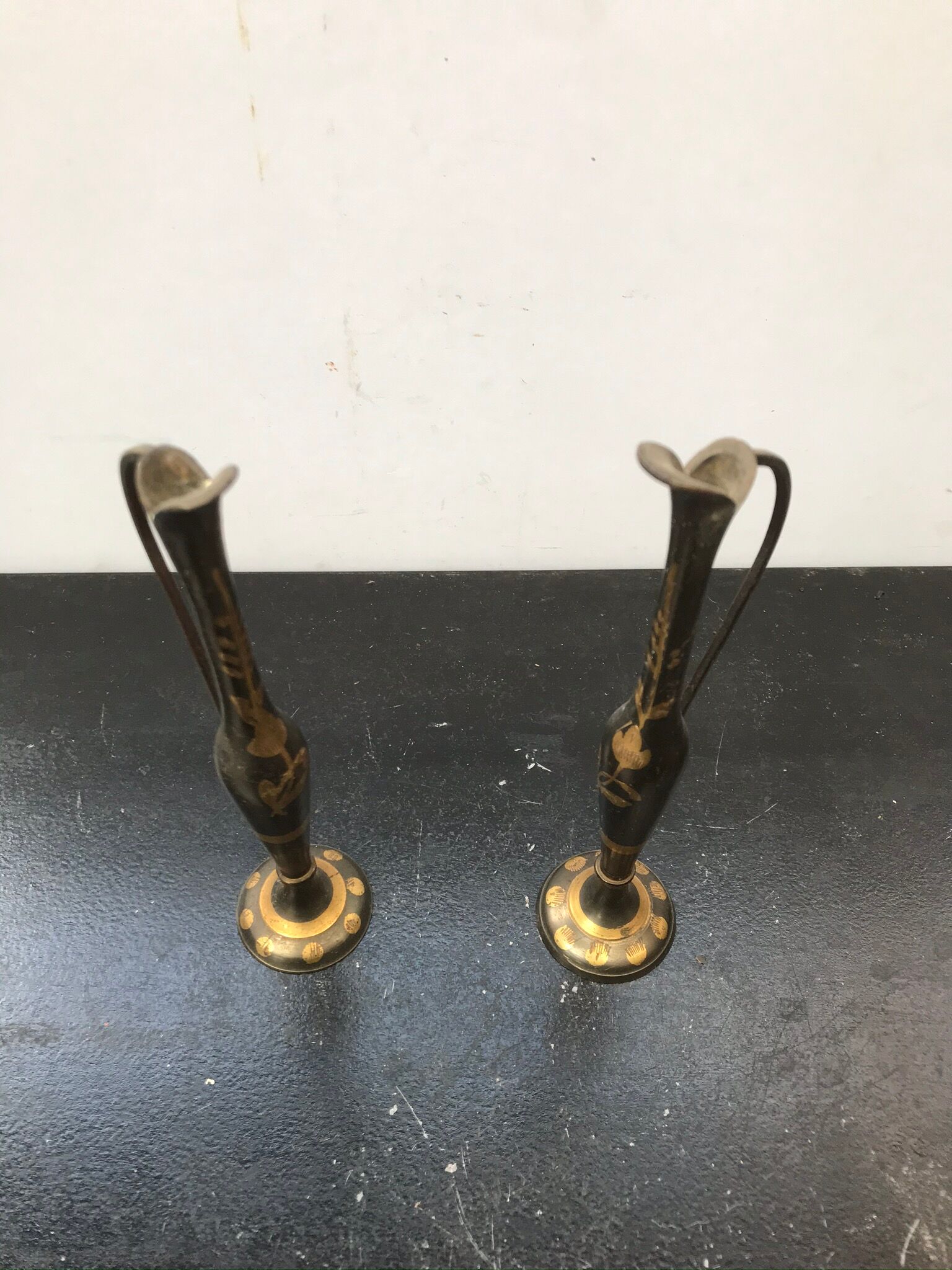 Pair ancient vase soliflore - anse metal vintage golden decoration