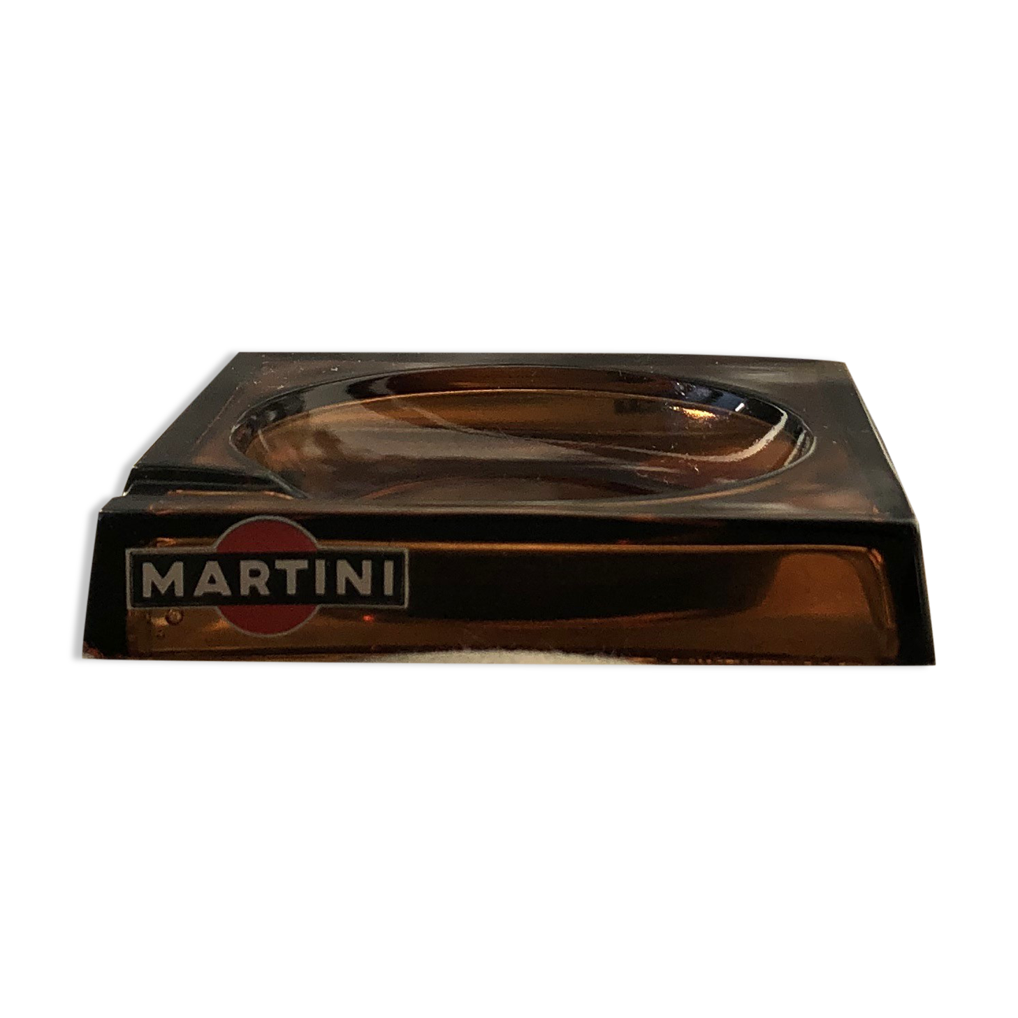 Square advertising ashtray of the Martini brand in smoked glass, elegant and retro style.