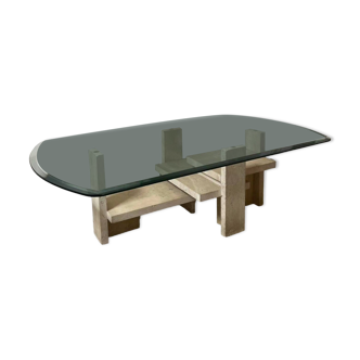 Travertine and glass coffee table, Willy Ballez, 1970s