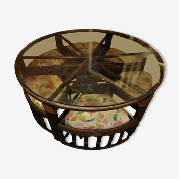 Table ronde en rotin avec verre epais fumé