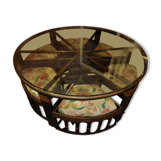 Table ronde en rotin avec verre epais fumé