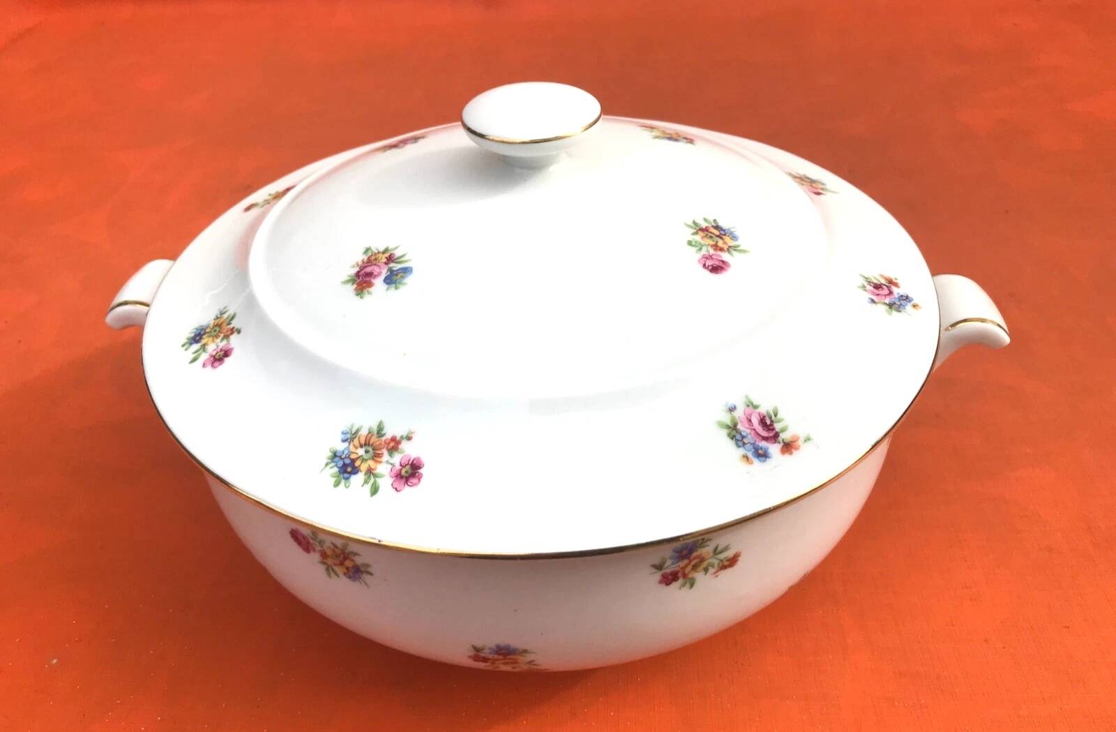 Antique PN France soup tureen White porcelain with gold edging and brass decoration