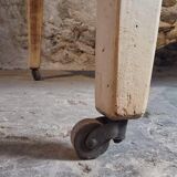 Antique French pine dining table, large farmhouse table on wheels, 19th century.