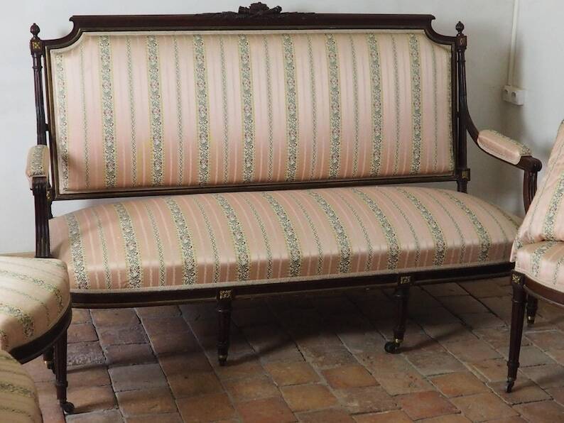 Antique French Empire Style Sofa and Chairs: Pink Satin Furniture Set