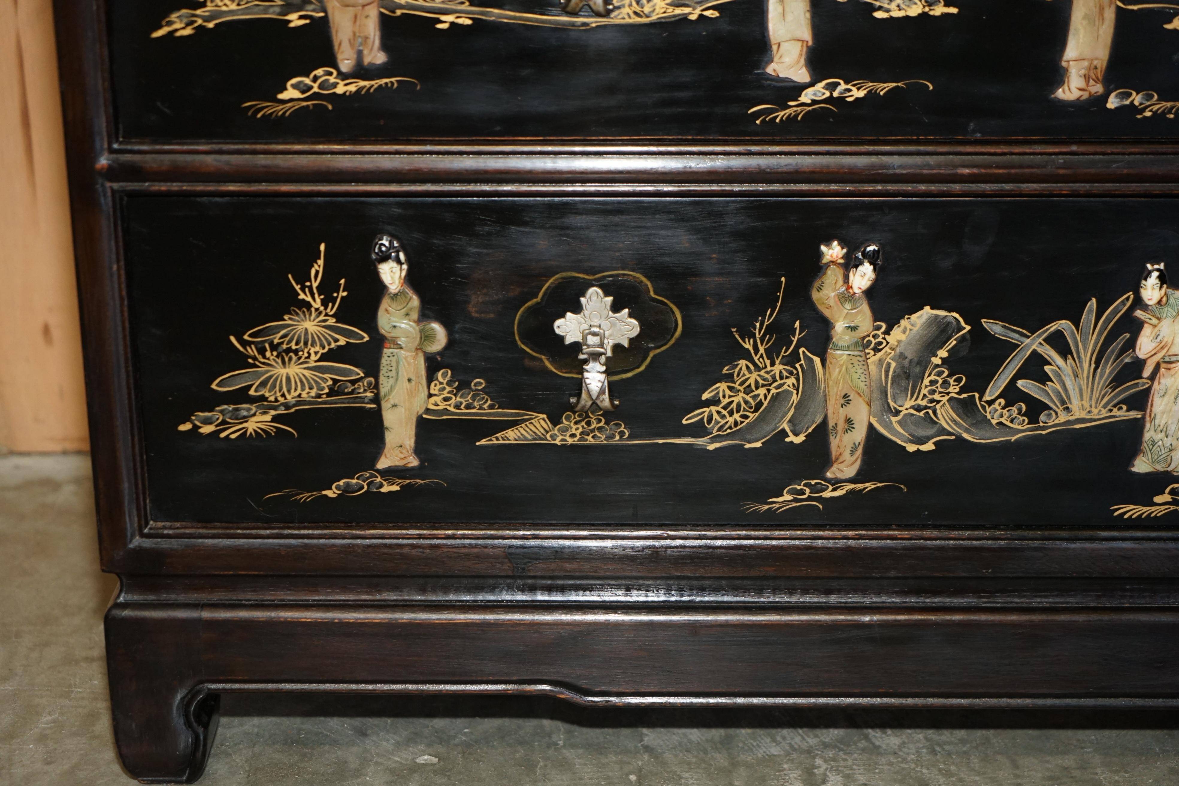 Antique Chinese commode carved in steatite with a marble top.