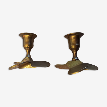 Pair of vintage propeller shape brass candle holders