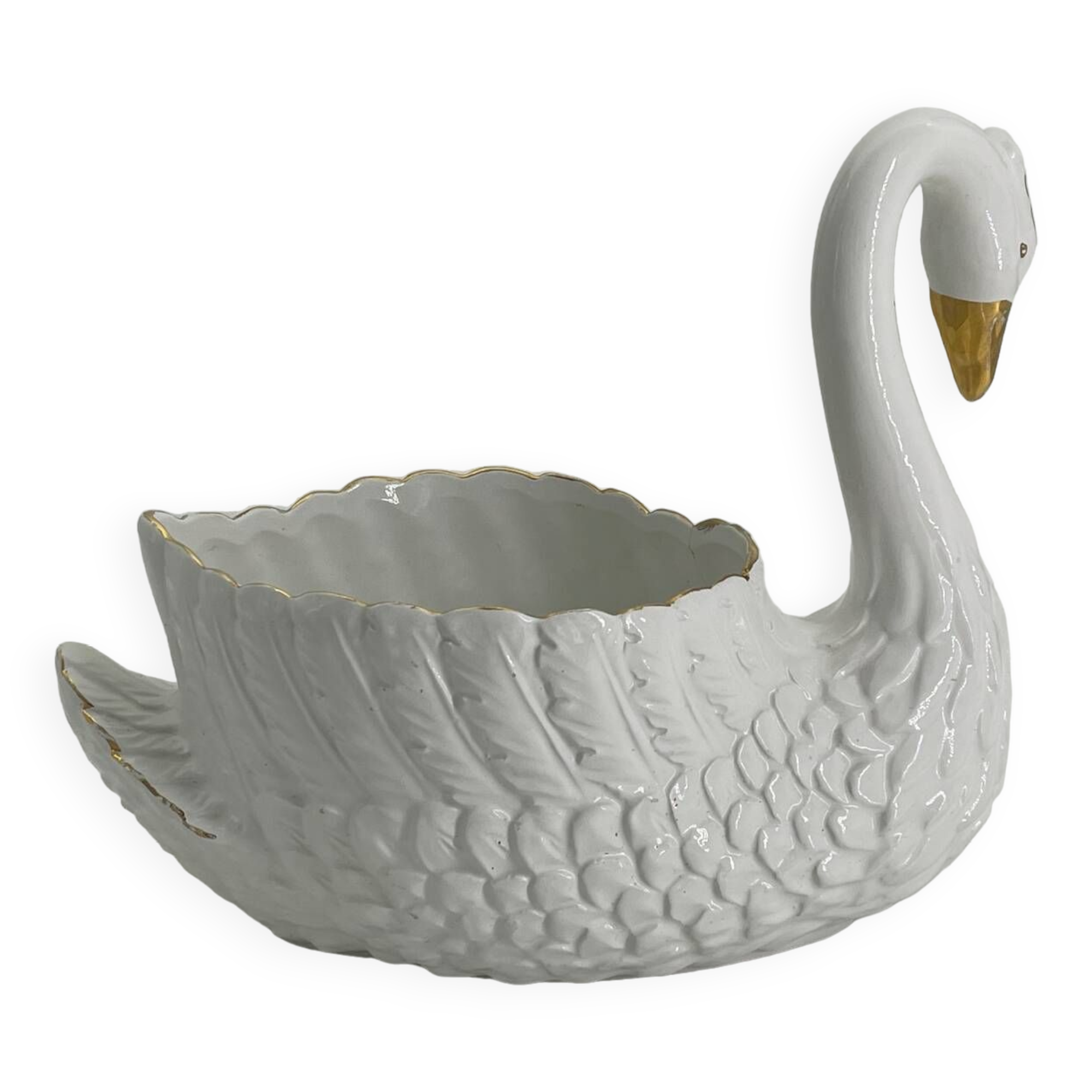 Vintage swan pot holder in white and gold ceramic