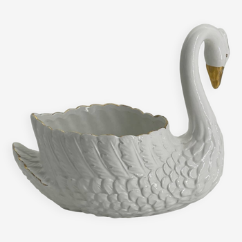 Cache pot cygne vintage en céramique blanche et dorée