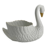 Cache pot cygne vintage en céramique blanche et dorée