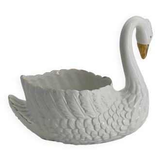 Cache pot cygne vintage en céramique blanche et dorée