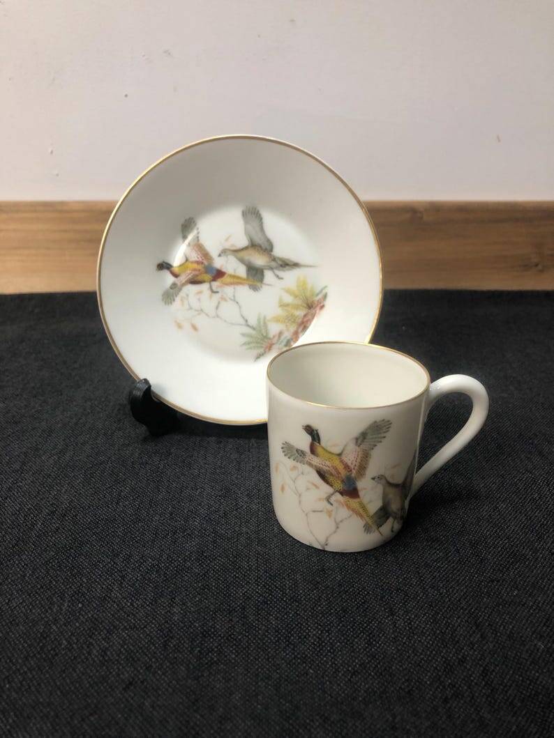 Porcelain de Paris Espresso Cup & Saucer Set: Bird Motif, Gilded, 1950s
